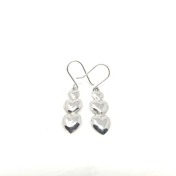 Vintage Tripple Heart Stack Silver Tone Dangle Earrings, Light Weight, Estate - Picture 2 of 5